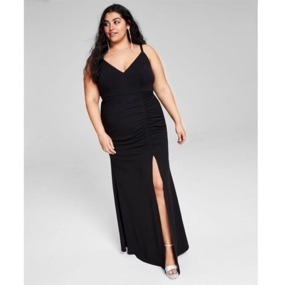 Emerald Sundae Trendy Plus Size Side Shirred Ruched Black Spaghetti Strap Gown - Picture 2 of 12